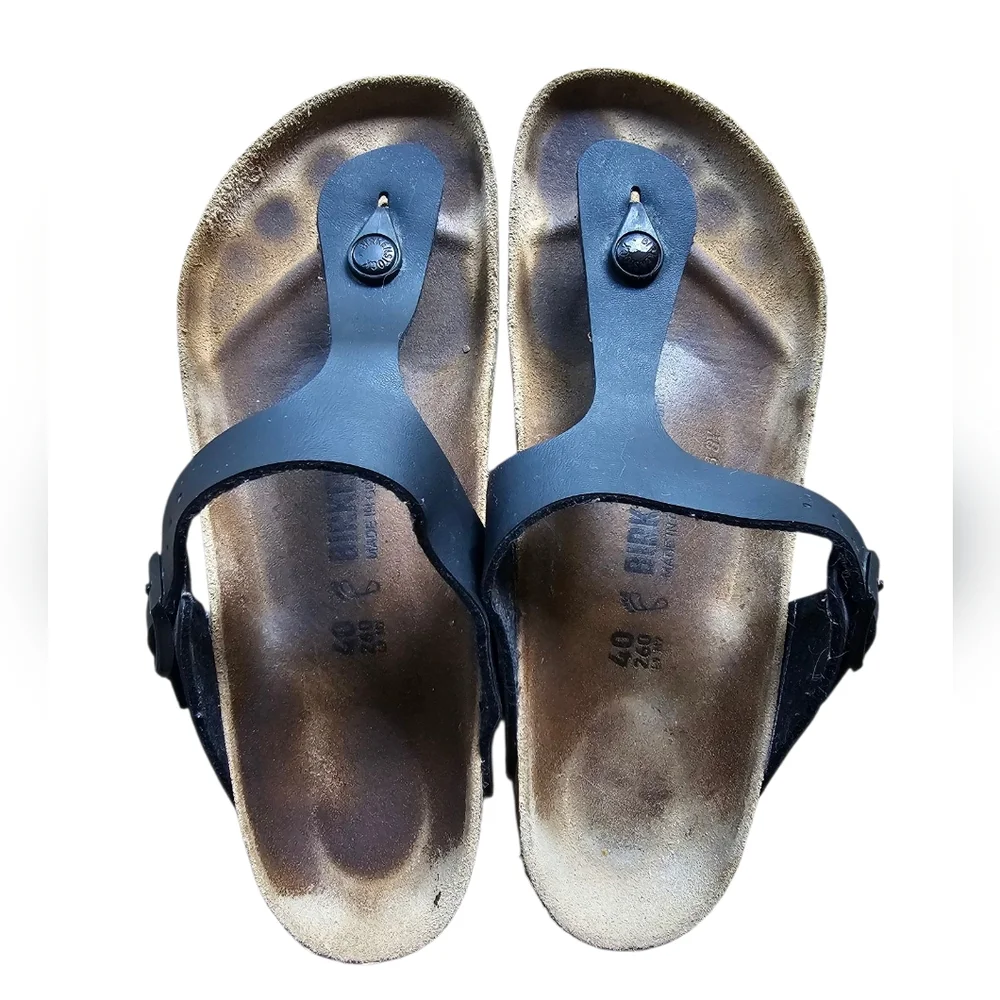 Birkenstock Gizeh Birko-Flor Black Leather‎ Sandals with Buckle Sz M 7 L 9